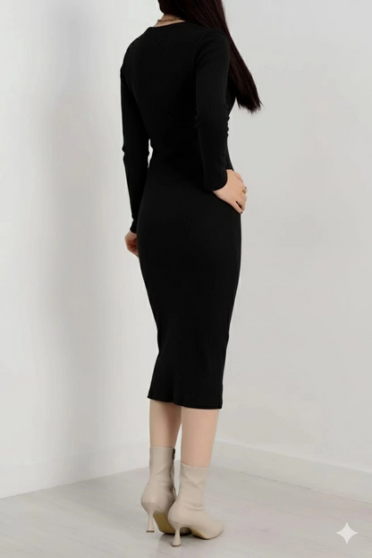 Fermuar detaylı fitilli şardonlu elbise siyah a3178