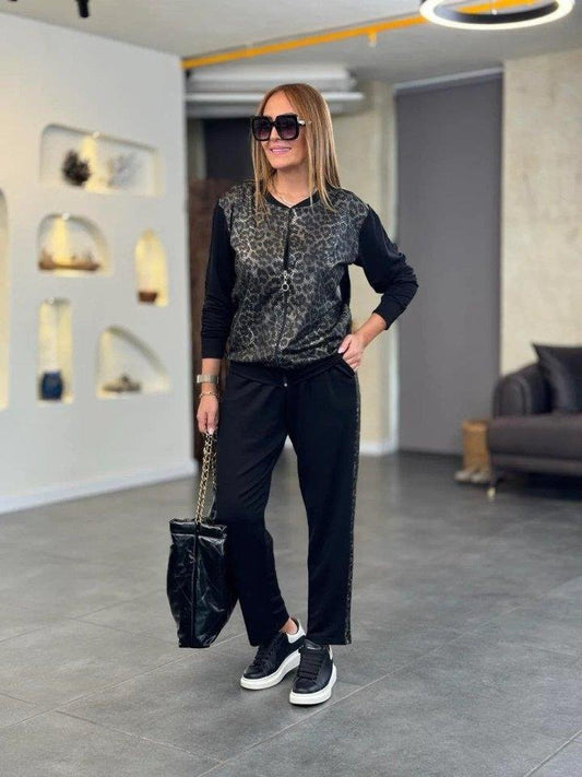 Kadın Uzun Kollu önden Fermuarlı Leopar Desenli Viskon Iki Iplik Bluz Ve Pantolon Ikili Takım