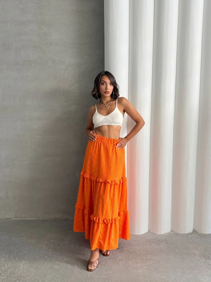 Fırfırlı brodeli astarlı uzun etek turuncu s255047