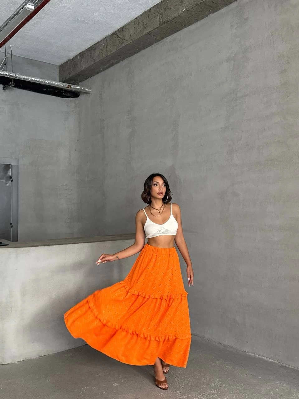 Fırfırlı brodeli astarlı uzun etek turuncu s255047