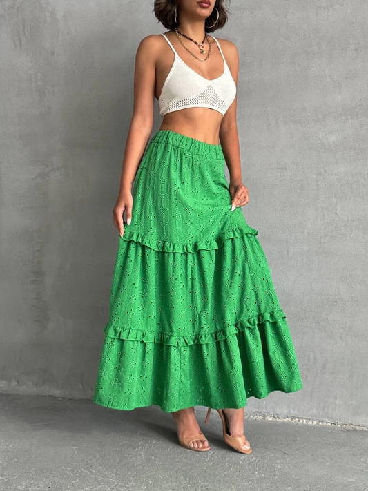 Fırfırlı brodeli astarlı uzun etek yeşil s255047