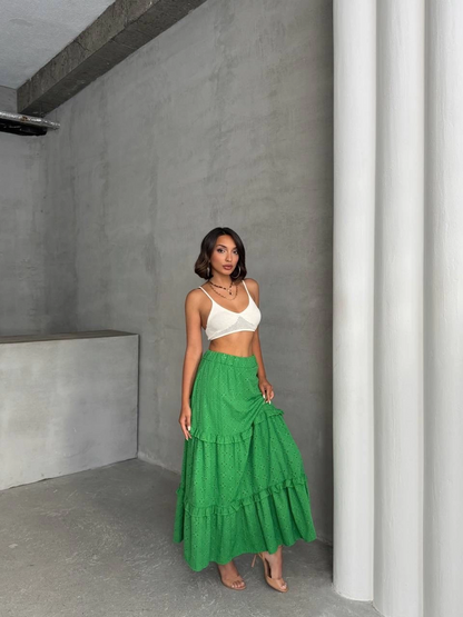 Fırfırlı brodeli astarlı uzun etek yeşil s255047