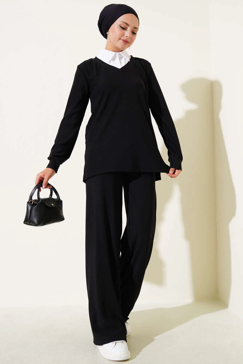 Gömlek Yaka Fitilli Salaş İkili Takım siyah T4300