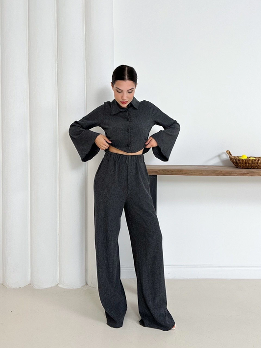 Gömlek yaka kaplama düğmeli takım antrasit st265866