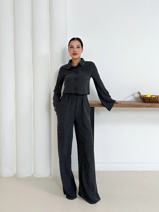 Gömlek yaka kaplama düğmeli takım antrasit st265866