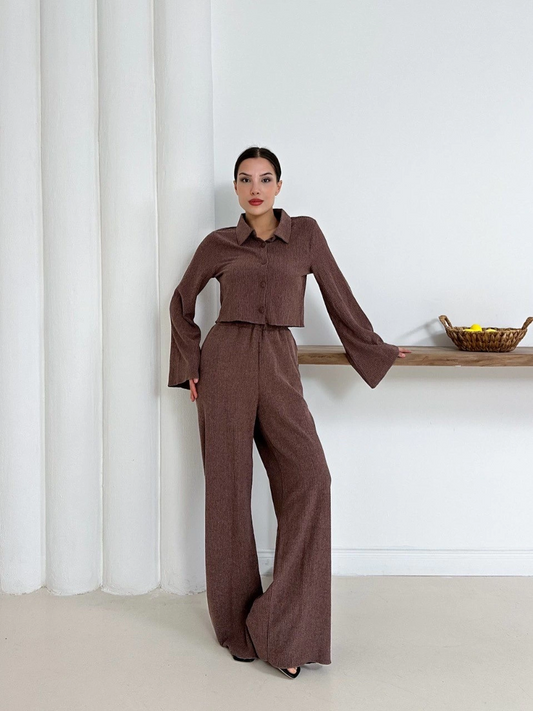 Gömlek yaka kaplama düğmeli takım kahve st265866