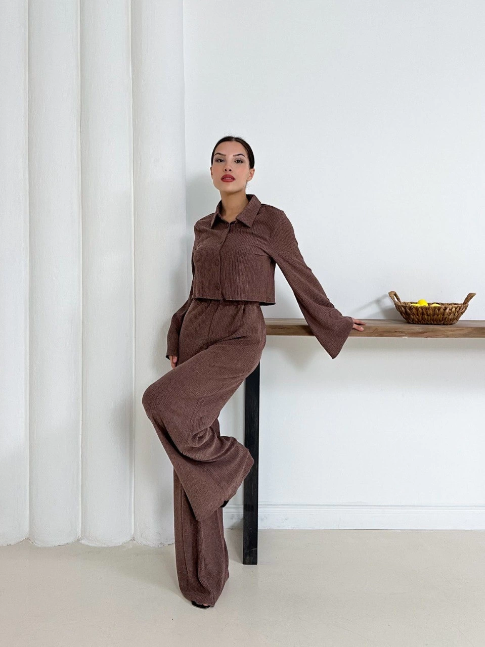 Gömlek yaka kaplama düğmeli takım kahve st265866