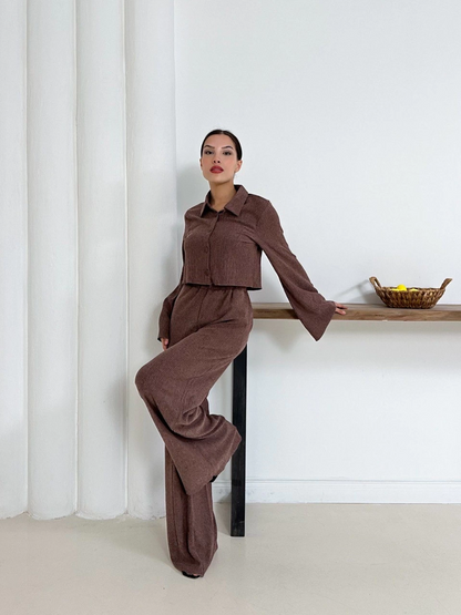 Gömlek yaka kaplama düğmeli takım kahve st265866