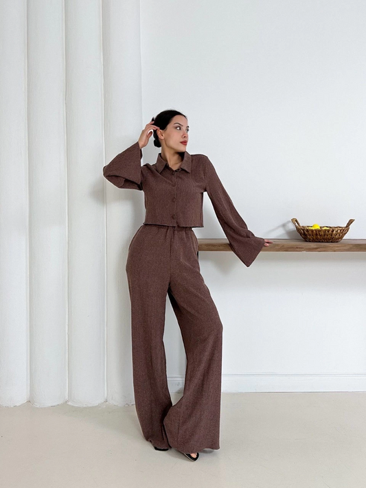 Gömlek yaka kaplama düğmeli takım kahve st265866