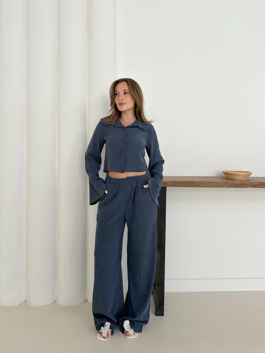 Gömlek yaka kaplama düğmeli takım lacivert st265866