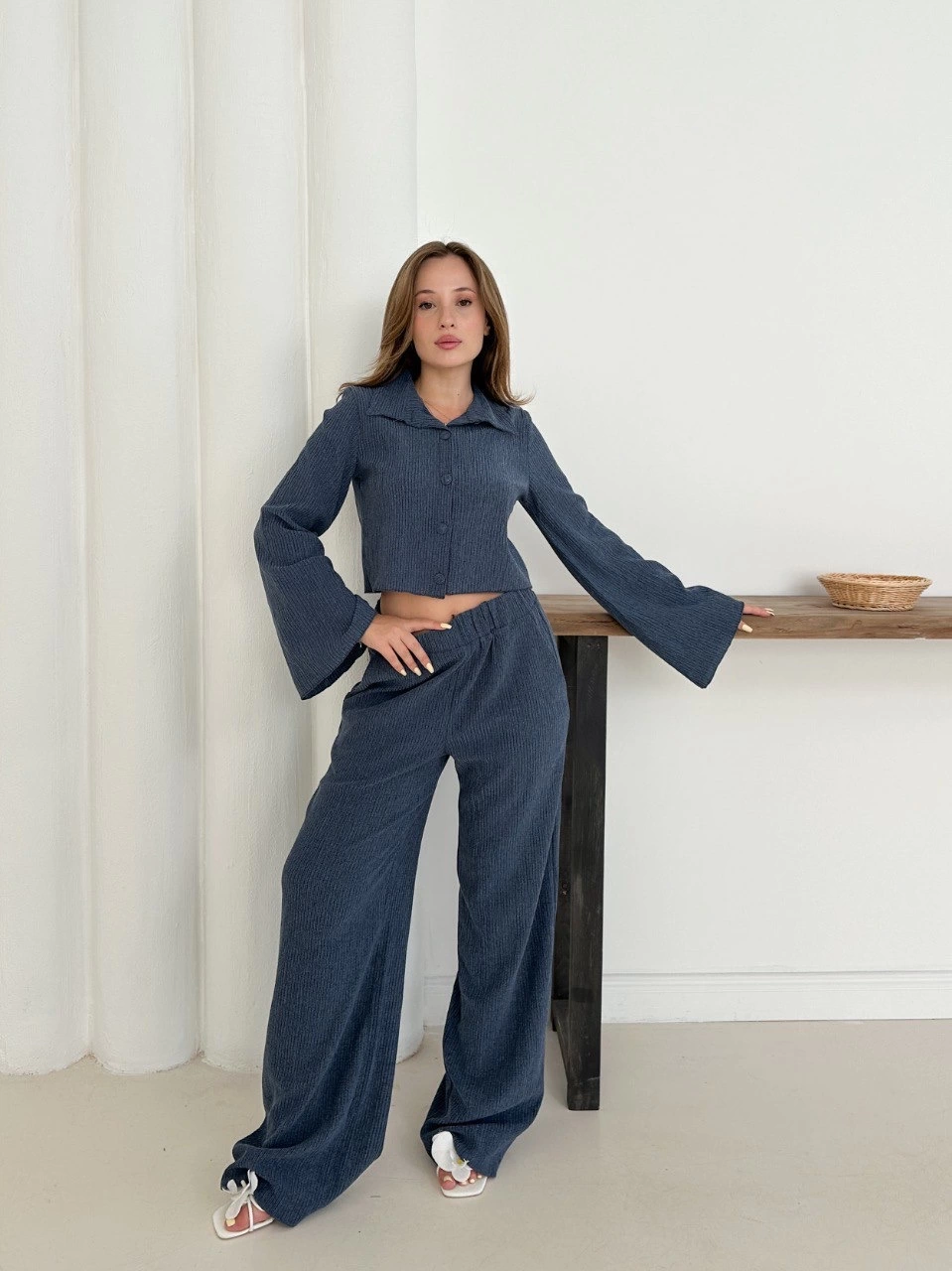 Gömlek yaka kaplama düğmeli takım lacivert st265866