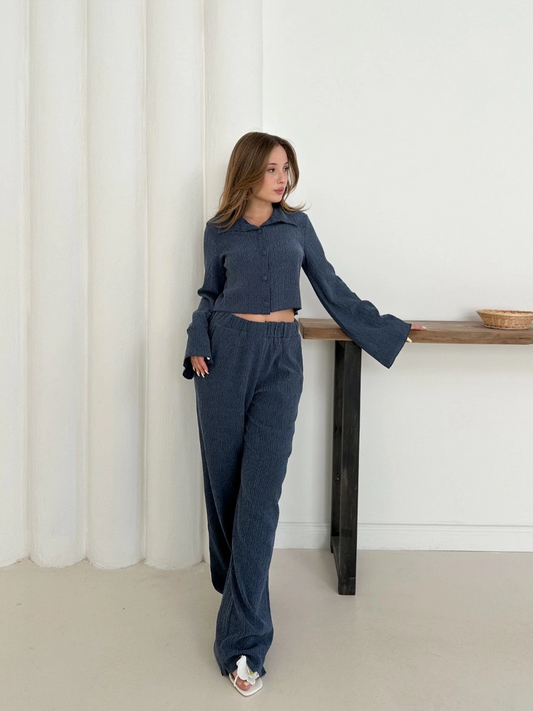 Gömlek yaka kaplama düğmeli takım lacivert st265866