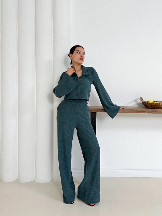 Gömlek yaka kaplama düğmeli takım petrol yeşili st265866