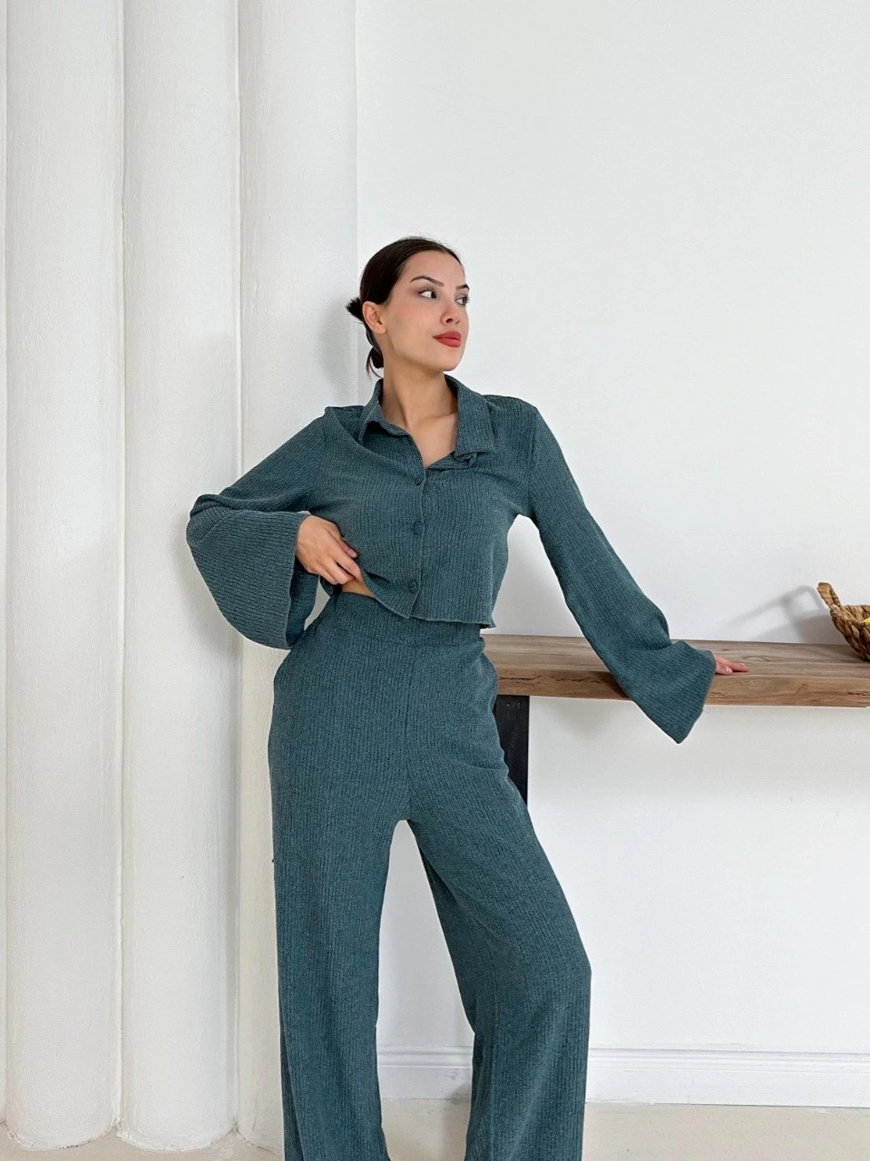 Gömlek yaka kaplama düğmeli takım petrol yeşili st265866