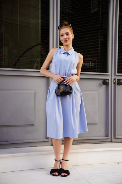 Gömlek yaka kemerli elbise mavi s255061