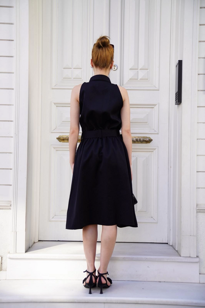 Gömlek yaka kemerli elbise siyah s255061