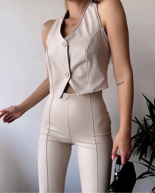 İki düğmeli deri yelek krem s243001