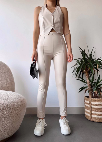 İki düğmeli deri yelek krem s243001