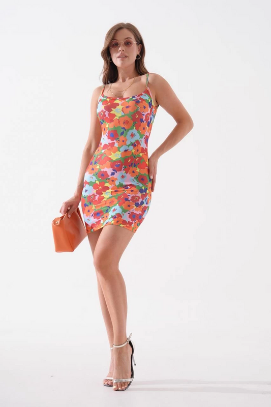 Kadın ince askılı desenli elbise s8105