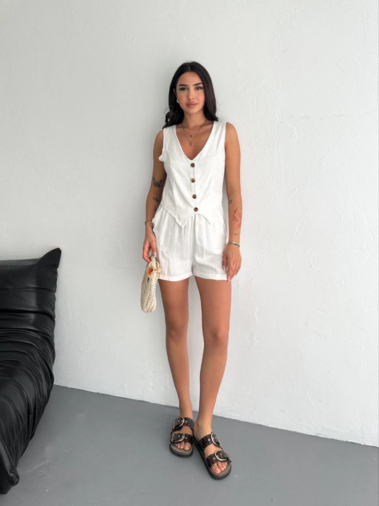 Kadın keten şort yelek takım s3461