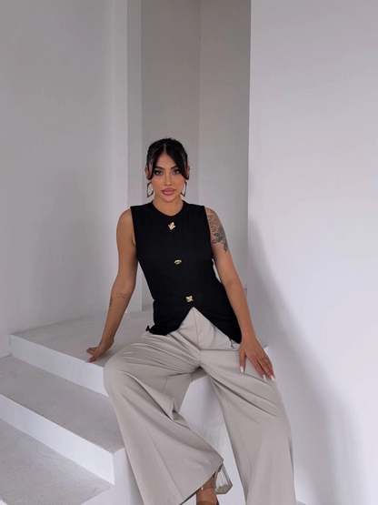 Kadın siyah bisiklet yaka gold düğmeli ottoman bluz s2310