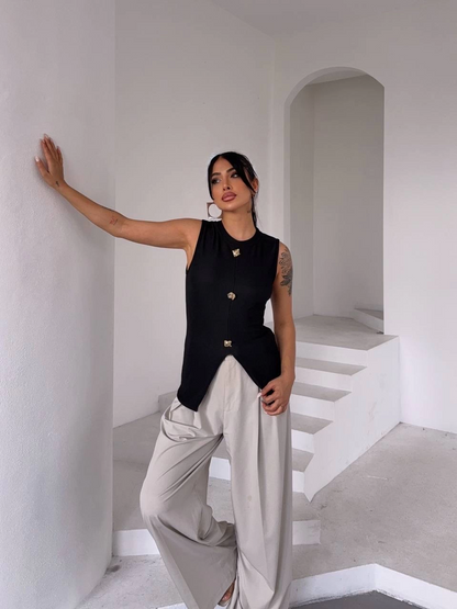 Kadın siyah bisiklet yaka gold düğmeli ottoman bluz s2310