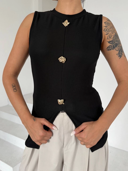 Kadın siyah bisiklet yaka gold düğmeli ottoman bluz s2310