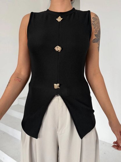 Kadın siyah bisiklet yaka gold düğmeli ottoman bluz s2310