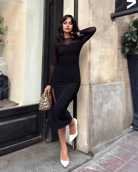 Kadın tül detaylı midi boy yırtmaçlı elbise