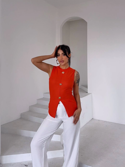 Kadın turuncu bisiklet yaka gold düğmeli ottoman bluz s2310