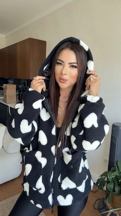 Kalpli peluş ceket içi astarlı siyahbeyaz