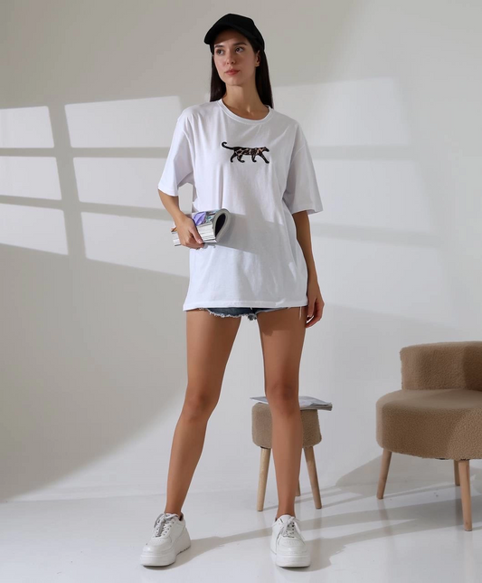 Kaplan nakış işlemeli Oversize tişört