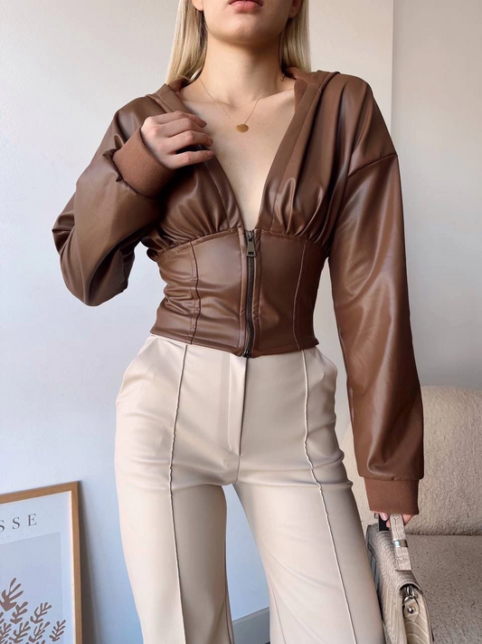 Kapşonlu yarım fermuarlı ceket kahve h24116