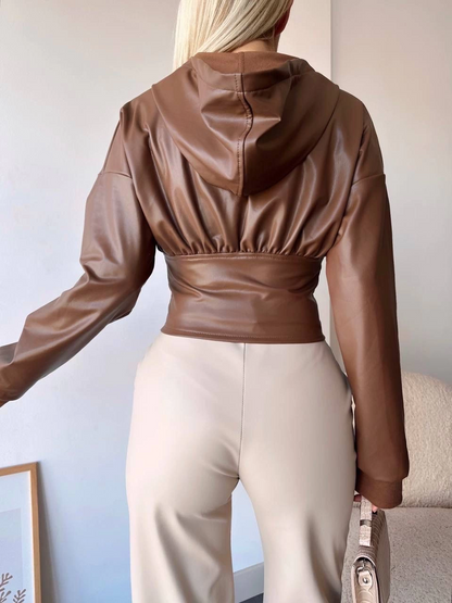 Kapşonlu yarım fermuarlı ceket kahve h24116