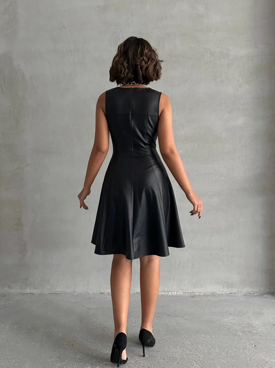 Kare yaka deri elbise siyah h24442