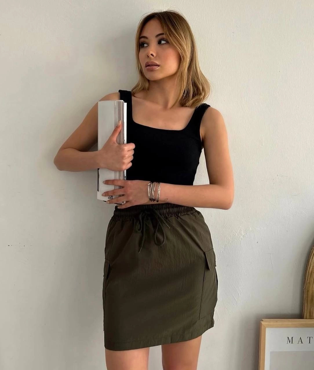 Kargo cep ince paraşüt etek haki s241019