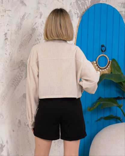 Kemer cepli keten crop gömlek krem s255350