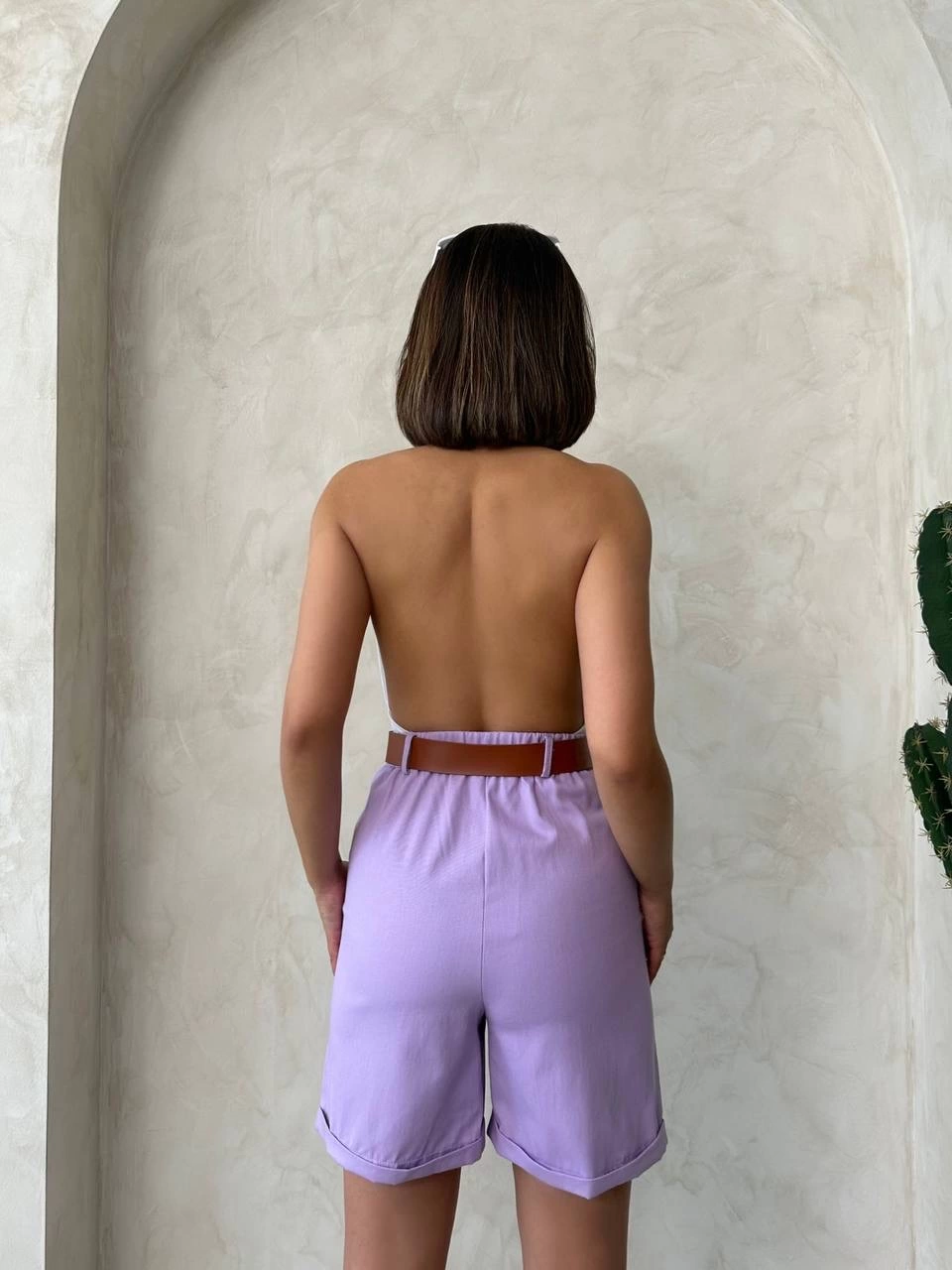 Kemerli gabardin şort lila s25735