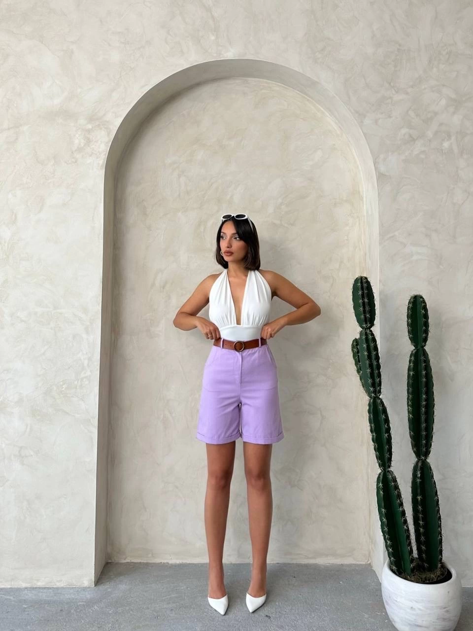 Kemerli gabardin şort lila s25735