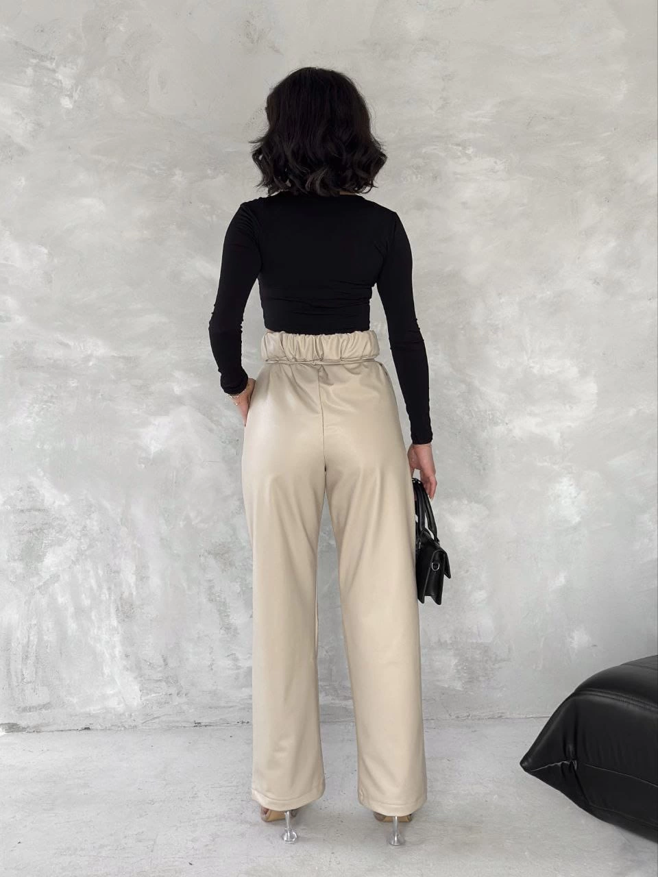 Kendinden ince kemerli deri pantolon bej t1178