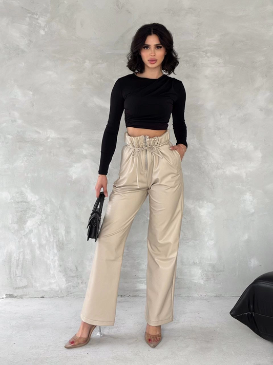 Kendinden ince kemerli deri pantolon bej t1178