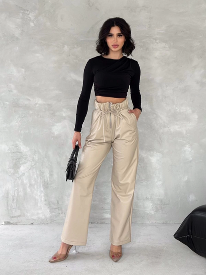 Kendinden ince kemerli deri pantolon bej t1178