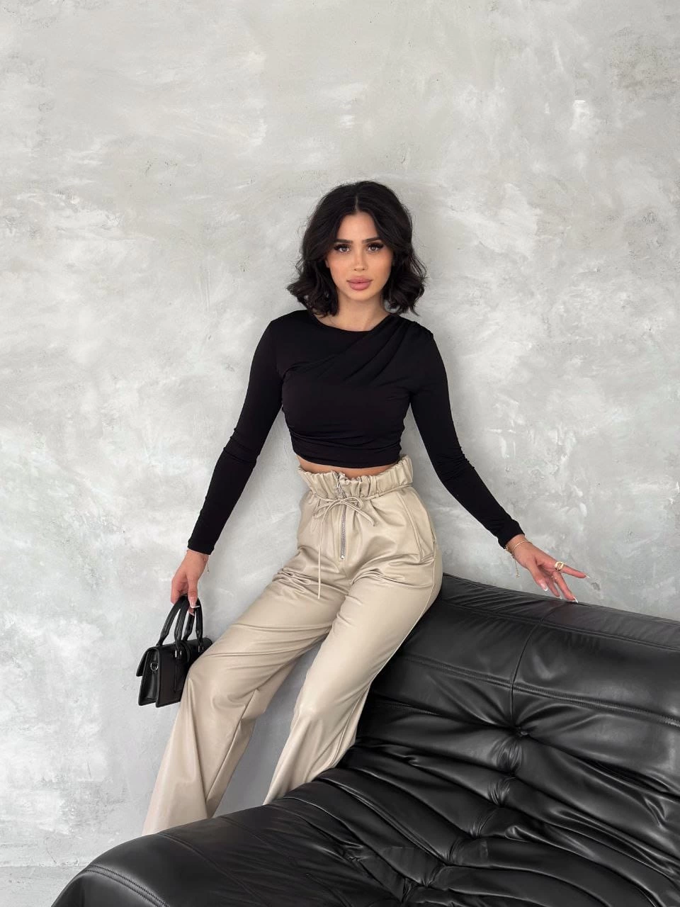 Kendinden ince kemerli deri pantolon bej t1178