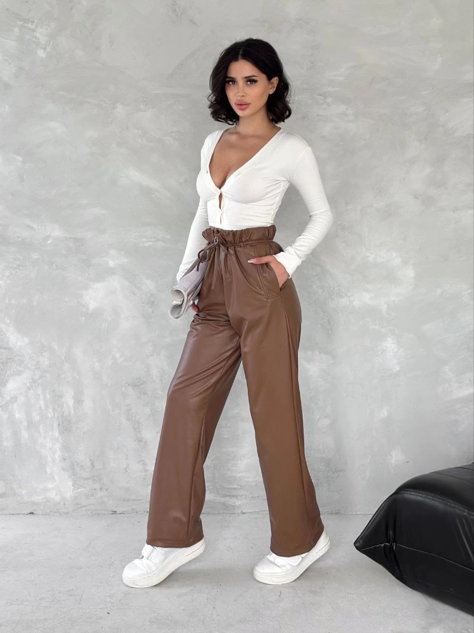 Kendinden ince kemerli deri pantolon kahve t1178