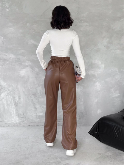 Kendinden ince kemerli deri pantolon kahve t1178