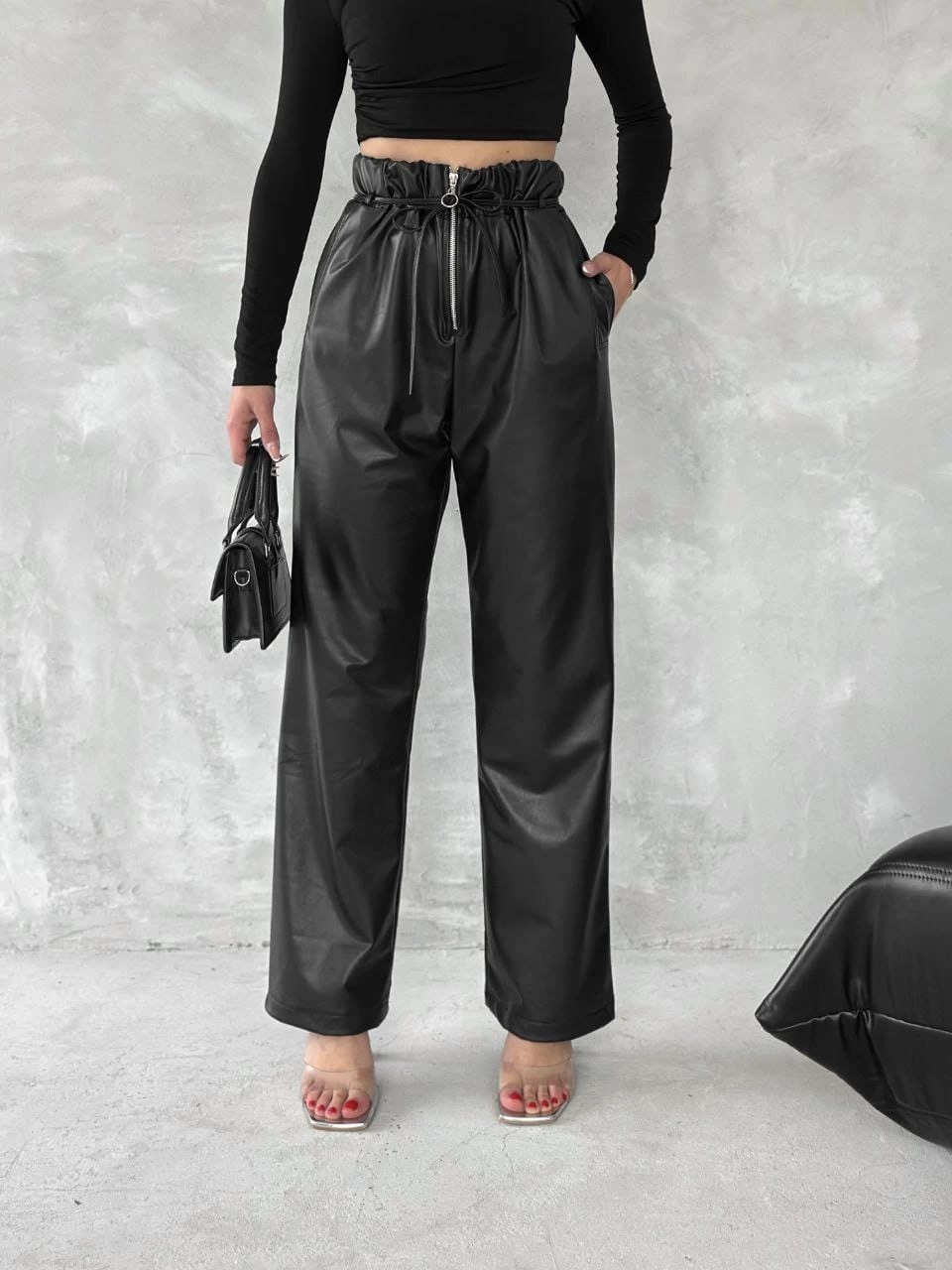 Kendinden ince kemerli deri pantolon siyah t1178