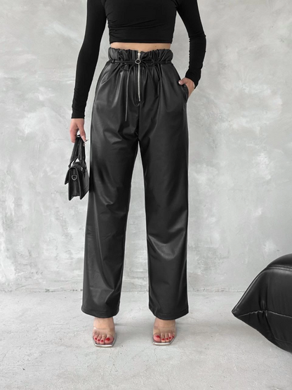 Kendinden ince kemerli deri pantolon siyah t1178