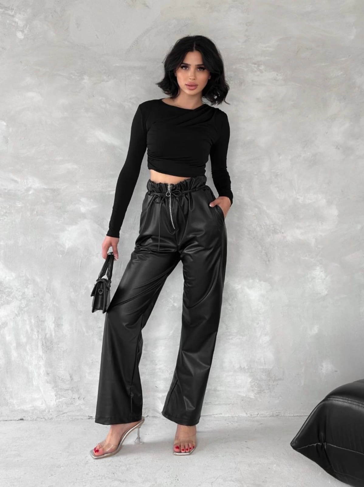 Kendinden ince kemerli deri pantolon siyah t1178