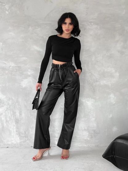 Kendinden ince kemerli deri pantolon siyah t1178
