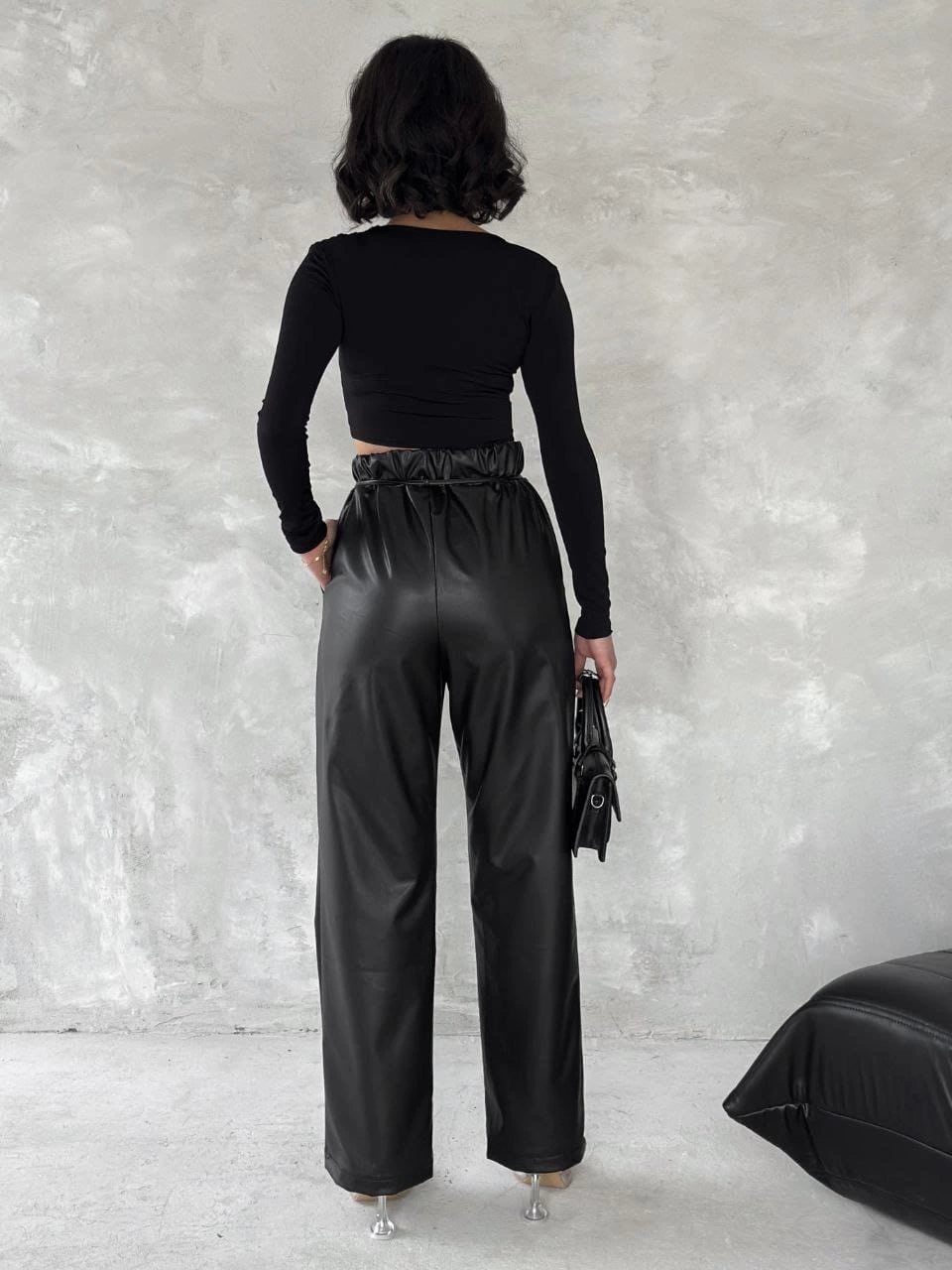 Kendinden ince kemerli deri pantolon siyah t1178